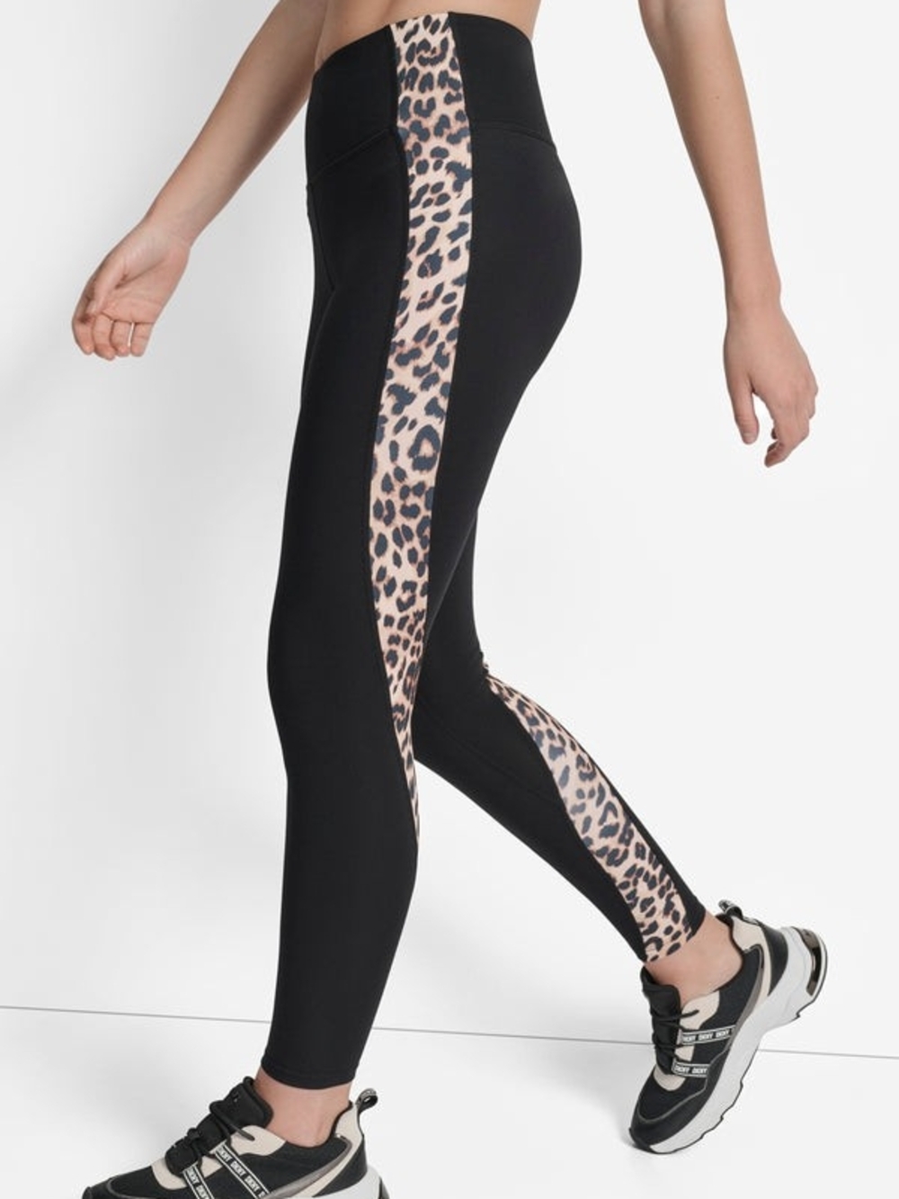 DKNY Sport Leopard-Trim High-Waist Black Leggings, M